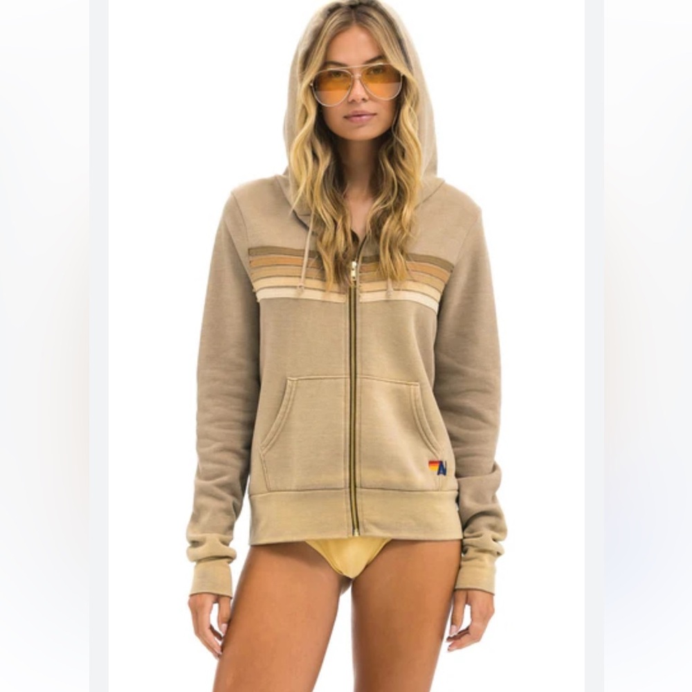 AVIATOR NATION 5 STRIPE ZIP UP HOODIE TAN/BROWN INTENTIONAL FADING COZY SMALL